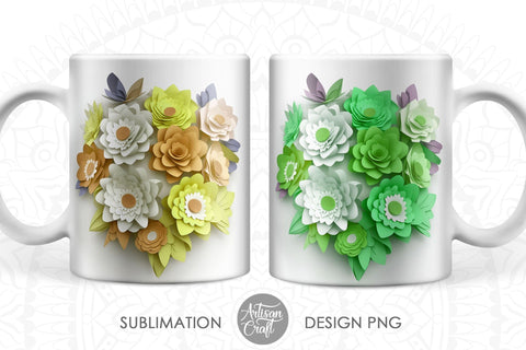 3D flower mug sublimation wrap, 3D paper flowers, 11oz mug template Sublimation Artisan Craft SVG 
