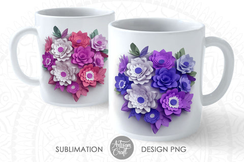 3D flower mug sublimation wrap, 3D paper flowers, 11oz mug template Sublimation Artisan Craft SVG 
