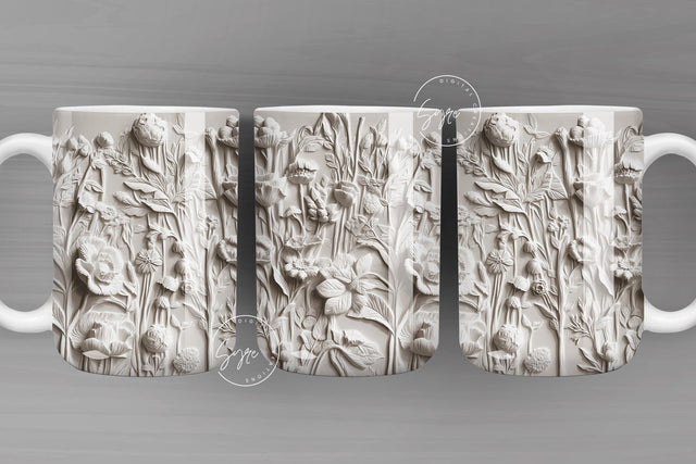 3D Flower Mug, White Floral Mug, Wedding Mug Design, Floral Mug PNG, 3D Mural Mug, 11 & 15 Oz Mug Sublimation Wrap, Digital Download Sublimation Syre Digital Creations 