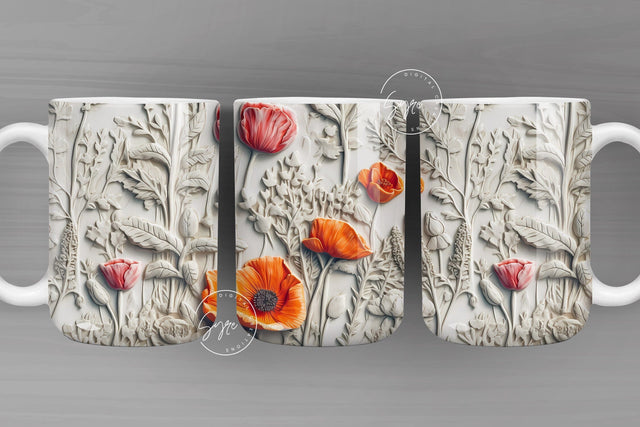 3D Flower Mug, White Floral Mug, Wedding Mug Design, Floral Mug PNG, 3D Mural Mug, 11 & 15 Oz Mug Sublimation Wrap, Digital Download Sublimation Syre Digital Creations 