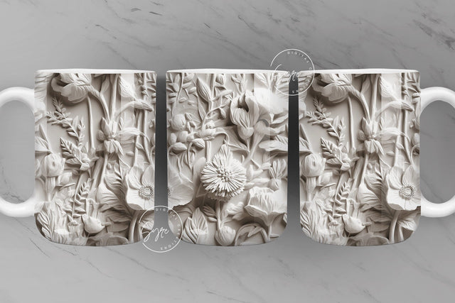 3D Flower Mug, White Floral Mug, Wedding Mug Design, Floral Mug PNG, 3D Mural Mug, 11 & 15 Oz Mug Sublimation Wrap, Digital Download Sublimation Syre Digital Creations 