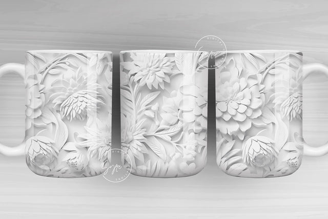 3D Flower Mug, White Floral Mug, Wedding Mug Design, Floral Mug PNG, 3D Mural Mug, 11 & 15 Oz Mug Sublimation Wrap, Digital Download Sublimation Syre Digital Creations 