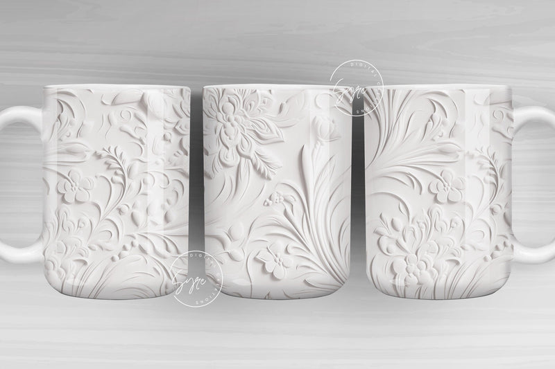 3D Flower Mug, White Floral Mug, Wedding Mug Design, Floral Mug PNG, 3D Mural Mug, 11 & 15 Oz Mug Sublimation Wrap, Digital Download Sublimation Syre Digital Creations 