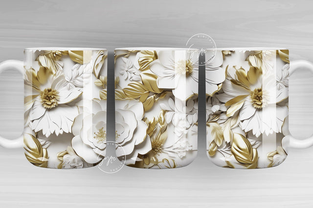 3D Flower Mug, White Floral Mug, Wedding Mug Design, Gold Floral Mug PNG, 3D Mural Mug, 11 & 15 Oz Mug Sublimation Wrap, Digital Download Sublimation Syre Digital Creations 