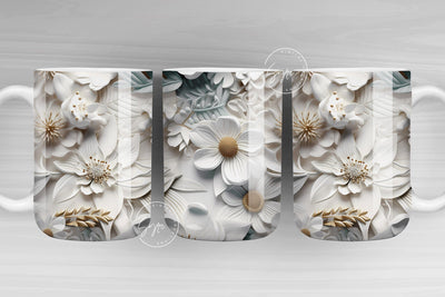 3D Flower Mug, White Floral Mug, Wedding Mug Design, Gold Floral Mug PNG, 3D Mural Mug, 11 & 15 Oz Mug Sublimation Wrap, Digital Download Sublimation Syre Digital Creations 