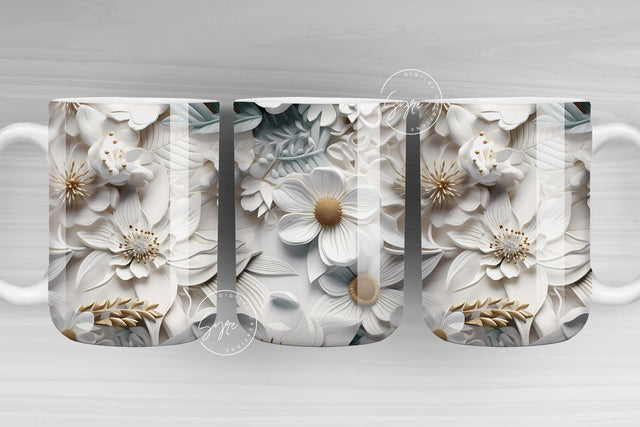 3D Flower Mug, White Floral Mug, Wedding Mug Design, Gold Floral Mug PNG, 3D Mural Mug, 11 & 15 Oz Mug Sublimation Wrap, Digital Download Sublimation Syre Digital Creations 