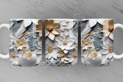 3D Flower Mug, White Floral Mug, Wedding Mug Design, Gold Floral Mug PNG, 3D Mural Mug, 11 & 15 Oz Mug Sublimation Wrap, Digital Download Sublimation Syre Digital Creations 