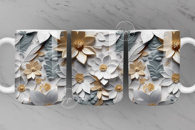 3D Flower Mug, White Floral Mug, Wedding Mug Design, Gold Floral Mug PNG, 3D Mural Mug, 11 & 15 Oz Mug Sublimation Wrap, Digital Download Sublimation Syre Digital Creations 