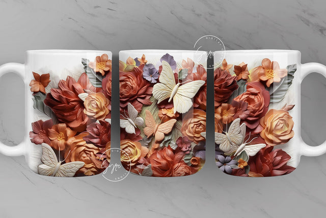 3D Flower Mug, Wild Flower Mug, 3D Butterfly Mug Design, Floral Mug PNG, 3D Mural Mug, 11 & 15 Oz Mug Sublimation Wrap, Digital Download Sublimation Syre Digital Creations 