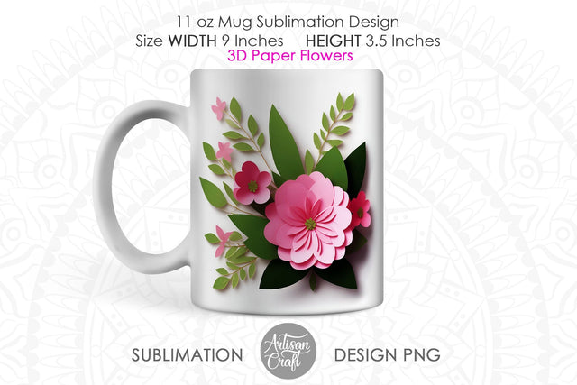 3D flower mug wrap for 11oz mug with pink florals Sublimation Artisan Craft SVG 