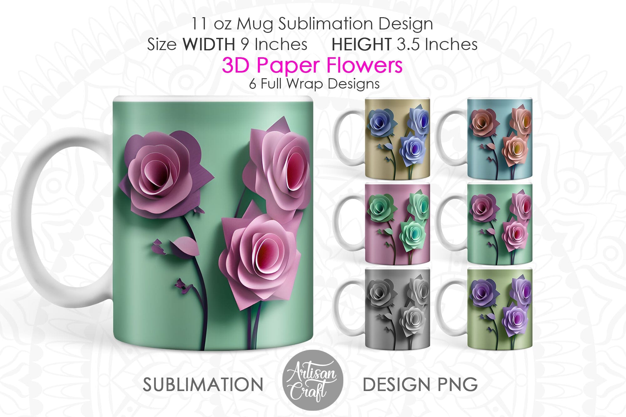 3D Flower Mug Wrap, 3D Sublimation Mug Wrap