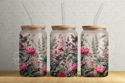 3D Flower Tumbler, 16 oz Libbey Glass Can Tumbler Sublimation Design, Spring, Wedding Tumbler Wrap, Mural Art, Floral Glass Can, Digital Sublimation Syre Digital Creations 