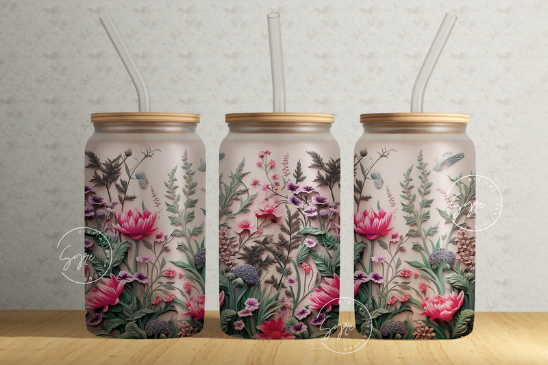 3D Flower Tumbler, 16 oz Libbey Glass Can Tumbler Sublimation Design ...