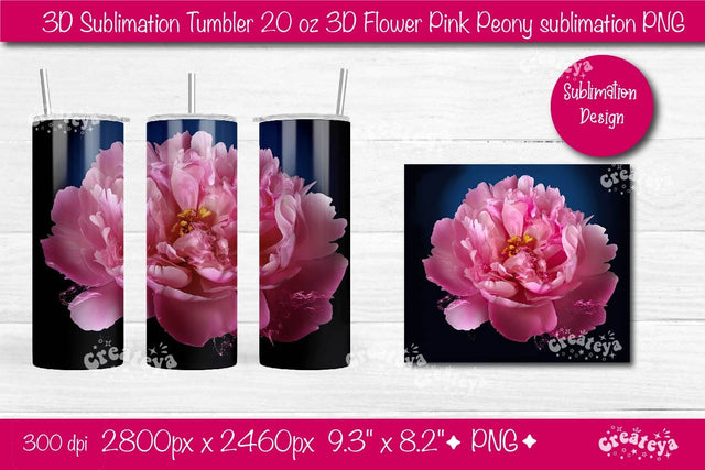 3D Flower tumbler 3D Pink Peony 3D sublimation tumbler wrap, 20 Oz sublimation design Sublimation Createya Design 