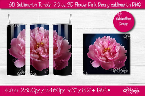 3D Flower tumbler 3D Pink Peony 3D sublimation tumbler wrap, 20 Oz sublimation design Sublimation Createya Design 