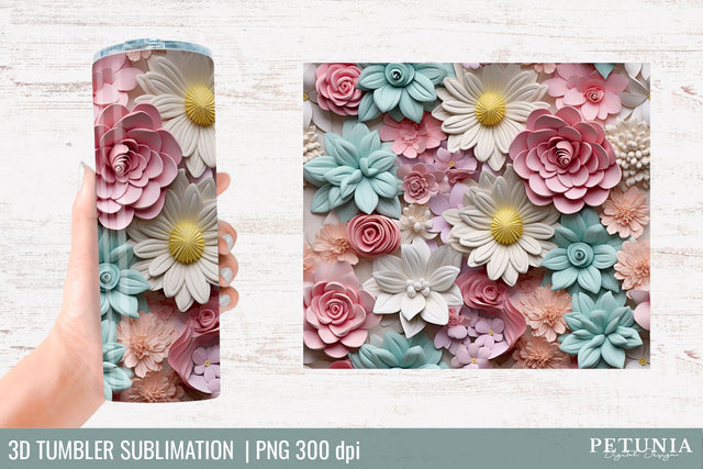 3D Flower Tumbler | 3D Sublimation Tumbler Wrap Sublimation Petunia Digital Design 