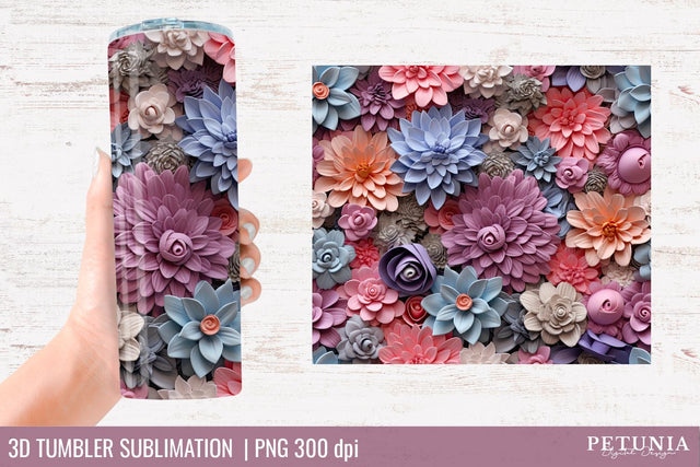3D Flower Tumbler | 3D Sublimation Tumbler Wrap Sublimation Petunia Digital Design 