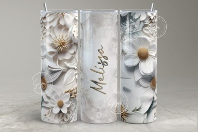 3D Flower Tumbler, Add Your Own Text, White Floral Tumbler, Flower Mural Wrap, 20oz Skinny Tumbler Sublimation, Wedding Tumbler, Digital Sublimation Syre Digital Creations 