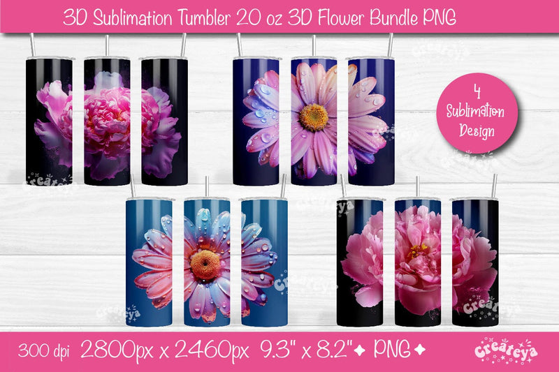 3D Flower tumbler Bundle 3D sublimation tumbler wrap, 20 Oz sublimation design Sublimation Createya Design 