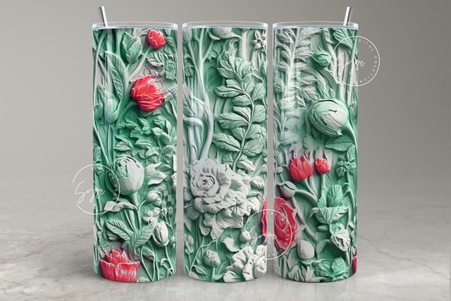 3D Flower Tumbler, Green Floral Tumbler, 20 oz Skinny Tumbler Sublimation, Spring Tumbler, Wedding Tumbler Wrap, Mural Art, Digital Download Sublimation Syre Digital Creations 