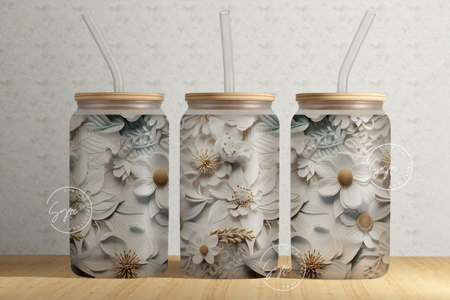 3D Flower Tumbler, White Floral Tumbler, 16oz Libbey Glass Can Tumbler Sublimation Design, Wedding Tumbler, Flower Glass Can Design, Digital Sublimation Syre Digital Creations 