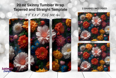 3D Flowers 20 oz Skinny Tumbler Wrap Sublimation Sublimatiz Designs 
