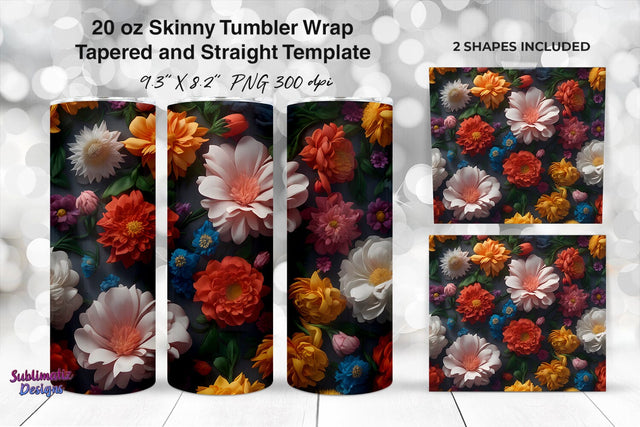 3D Flowers 20 oz Skinny Tumbler Wrap Sublimation Sublimatiz Designs 