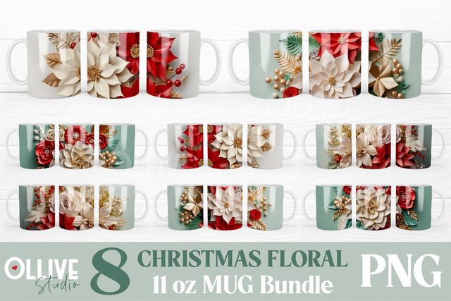 3D Flowers Christmas Mug Wrap Sublimation PNG Bundle Sublimation Ollive Studio 