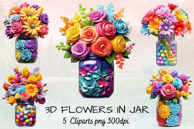3d Flowers in Jar sublimation Clipart Bundle, 3D Sublimation FloridPrintables 