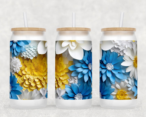 3D Flowers Libbey Glass Can Wraps, 16oz Glass Can Sublimation Designs, Paper Flowers Glass Can PNG Files Sublimation HappyDesignStudio 