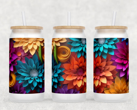 3D Flowers Libbey Glass Can Wraps, 16oz Glass Can Sublimation Designs, Paper Flowers Glass Can PNG Files Sublimation HappyDesignStudio 