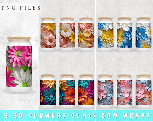 3D Flowers Libbey Glass Can Wraps, 16oz Glass Can Sublimation Designs, Paper Flowers Glass Can PNG Files Sublimation HappyDesignStudio 