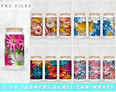 3D Flowers Libbey Glass Can Wraps, 16oz Glass Can Sublimation Designs, Paper Flowers Glass Can PNG Files Sublimation HappyDesignStudio 