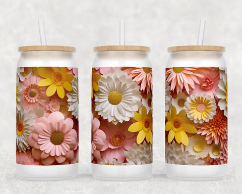 3D Flowers Libbey Glass Can Wraps, 16oz Glass Can Sublimation Designs, Paper Flowers Glass Can PNG Files Sublimation HappyDesignStudio 