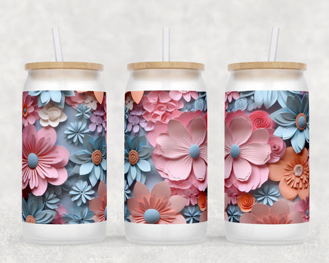 3D Flowers Libbey Glass Can Wraps, 16oz Glass Can Sublimation Designs, Paper Flowers Glass Can PNG Files Sublimation HappyDesignStudio 