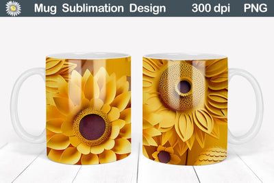 3D Flowers Mug Wrap | 3D Sunflowers Mug Wrap Sublimation WatercolorColorDream 