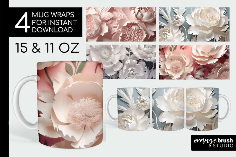 3D Flowers Mug Wrap Sublimation Designs 11Oz 15Oz Sublimation OrangeBrushStudio 