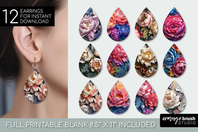 3d Flowers Teardrop Earrings Bundle, 3D Sublimation Designs Sublimation OrangeBrushStudio 