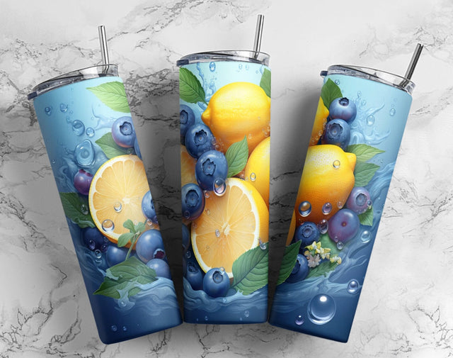 3D Fruist Lemons and Blueberries Tumbler PNG, Drink 20oz Skinny Tumbler Sublimation Design PNG Sublimation CaldwellArt 