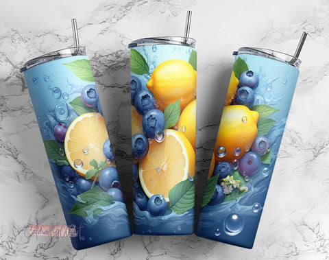 3D Fruist Lemons and Blueberries Tumbler PNG, Drink 20oz Skinny Tumbler Sublimation Design PNG Sublimation CaldwellArt 