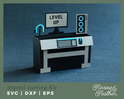 3D Gamer Computer Box Card 3D Paper Furrow and Feather SVG 