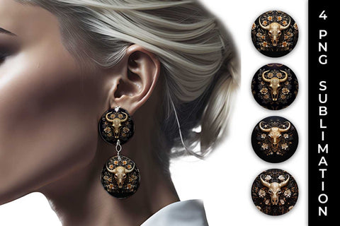 3d Gold Black Bull Skull Earrings Sublimation PNG Bundle Sublimation Sintegra 