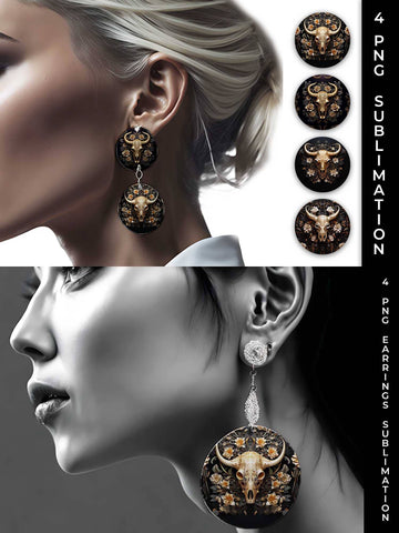 3d Gold Black Bull Skull Earrings Sublimation PNG Bundle Sublimation Sintegra 
