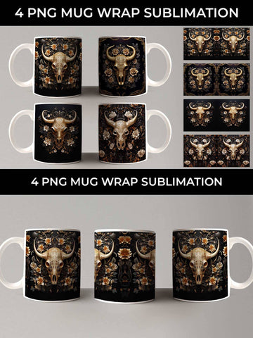 3d Gold Black Bull Skull Mug Sublimation PNG Bundle Free For Commercial Use Sublimation Sintegra 