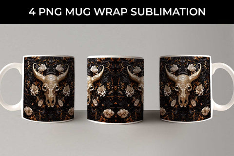 3d Gold Black Bull Skull Mug Sublimation PNG Bundle Free For Commercial Use Sublimation Sintegra 