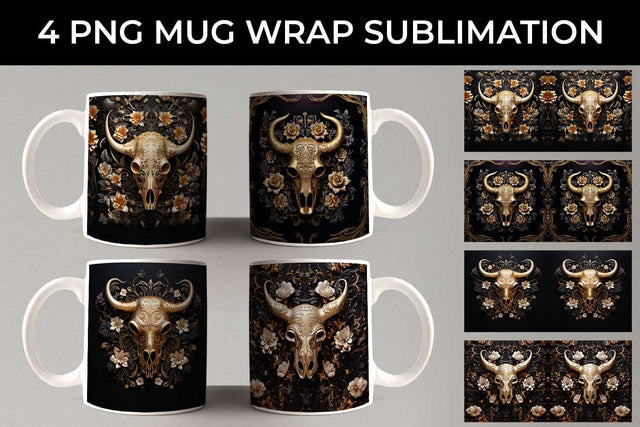 3d Gold Black Bull Skull Mug Sublimation PNG Bundle Free For Commercial Use Sublimation Sintegra 
