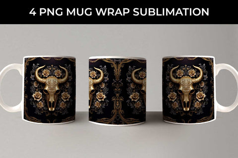 3d Gold Black Bull Skull Mug Sublimation PNG Bundle Free For Commercial Use Sublimation Sintegra 