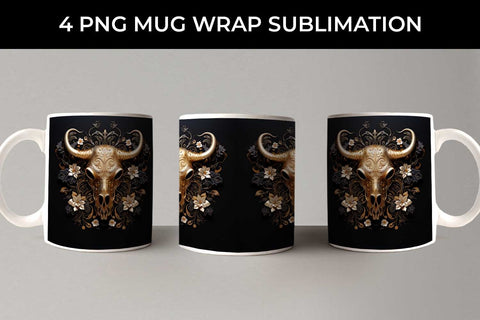 3d Gold Black Bull Skull Mug Sublimation PNG Bundle Free For Commercial Use Sublimation Sintegra 