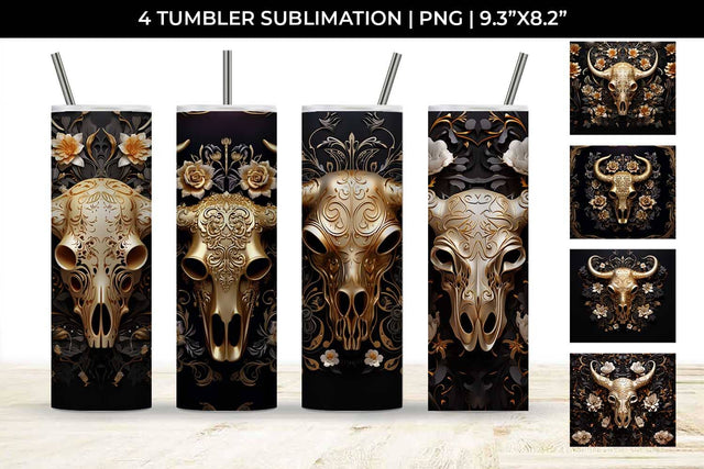 3d Gold Black Bull Skull Tumbler Wrap Sublimation PNG Bundle Free For Commercial Use Sublimation Sintegra 
