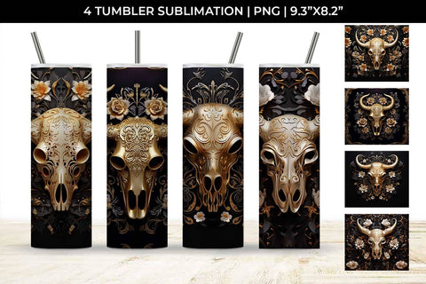 3d Gold Black Bull Skull Tumbler Wrap Sublimation PNG Bundle Free For Commercial Use Sublimation Sintegra 